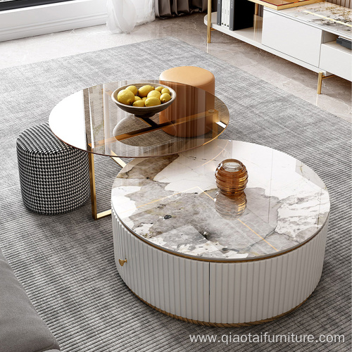 Round Storage Coffee Table Set With Two Stools